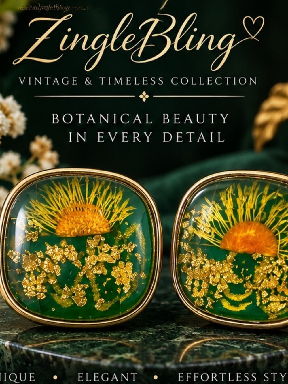 Emerald Green Botanical Gold Foil Resin Statement Stud Earrings
